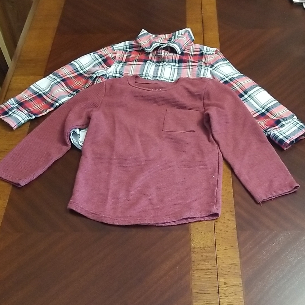 Cat & Jack Bundle With Plaid Button Down Flannel Shirt & Ribbed Maroon Shirt